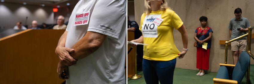 Left: Ronnie Mestas waits in line to speak at a City Plan Commission meeting discussing the Forward Dallas plan at Dallas City Hall on July 11, 2024. Right: Nicole Raphael (center) waits in line tp speak at a City Plan Commission meeting discussing the Forward Dallas plan at Dallas City Hall on July 11, 2024.